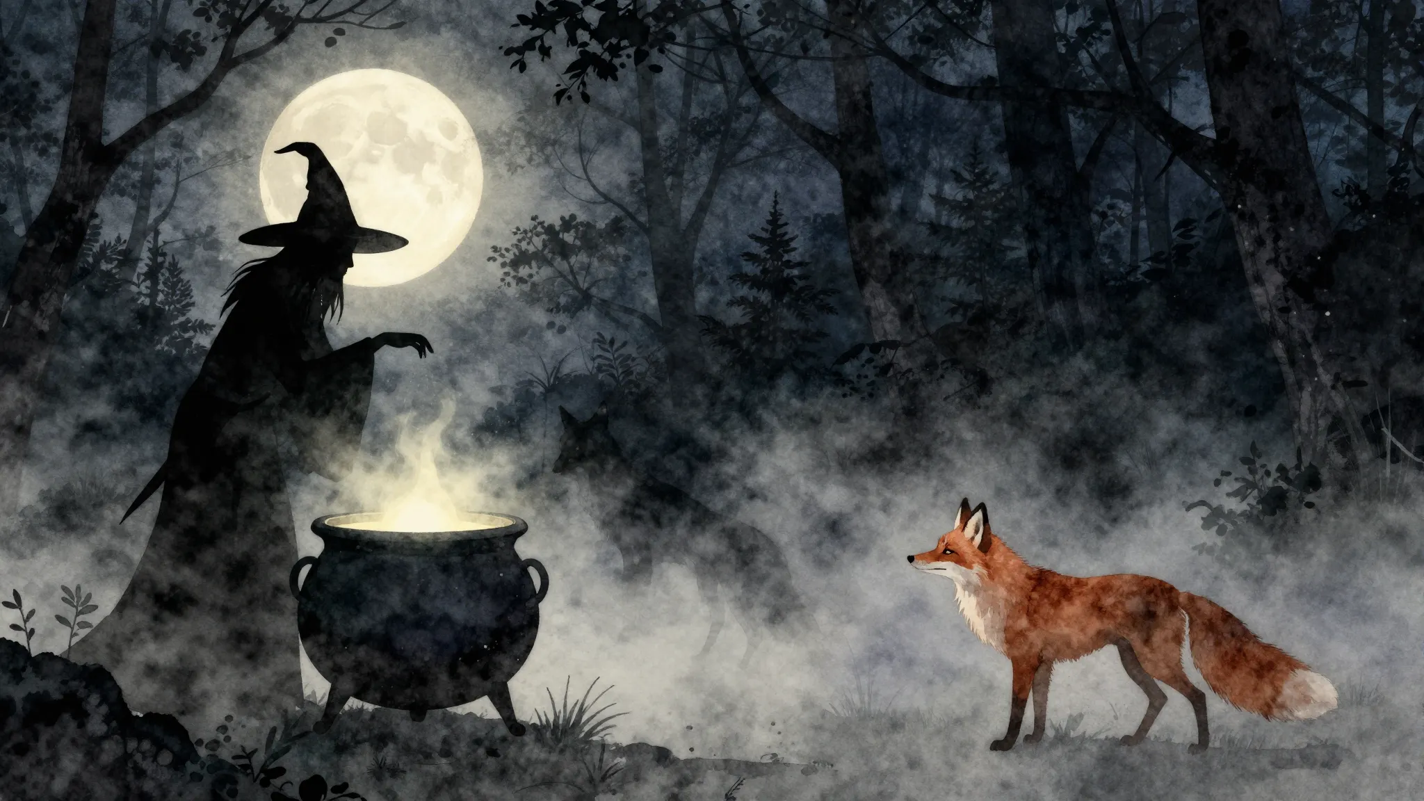 Watercolor style. Dark forest at night, full moon, glowing c...