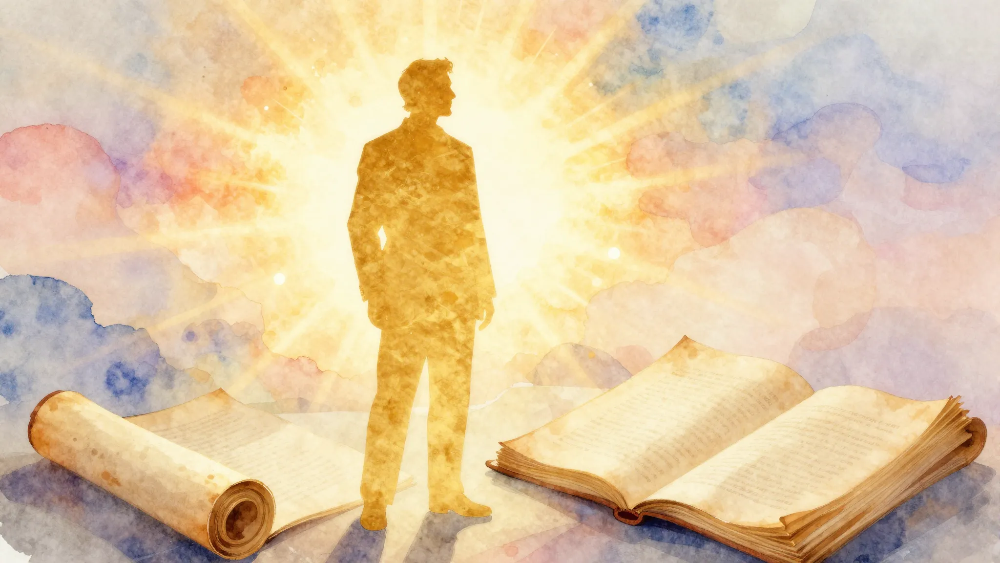 Vibrant watercolor style. A golden silhouette of a kind man ...