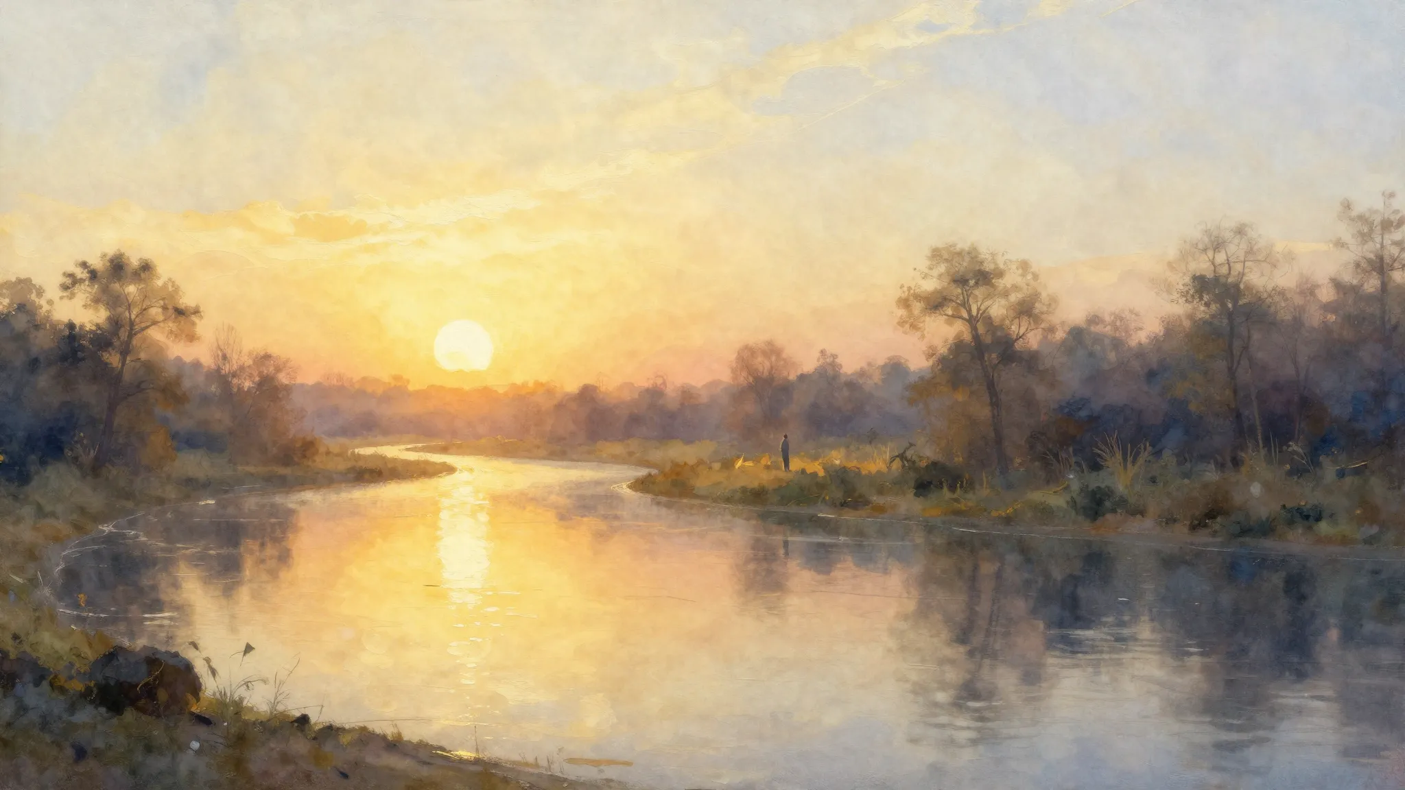 Vibrant watercolor style. A serene landscape with a glowing ...