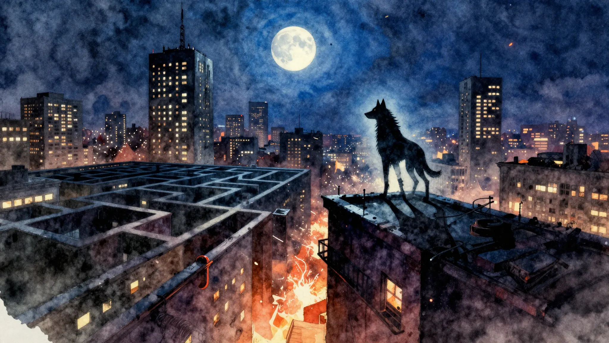 Vibrant watercolor style. Heavy metal album cover, a dark ur...