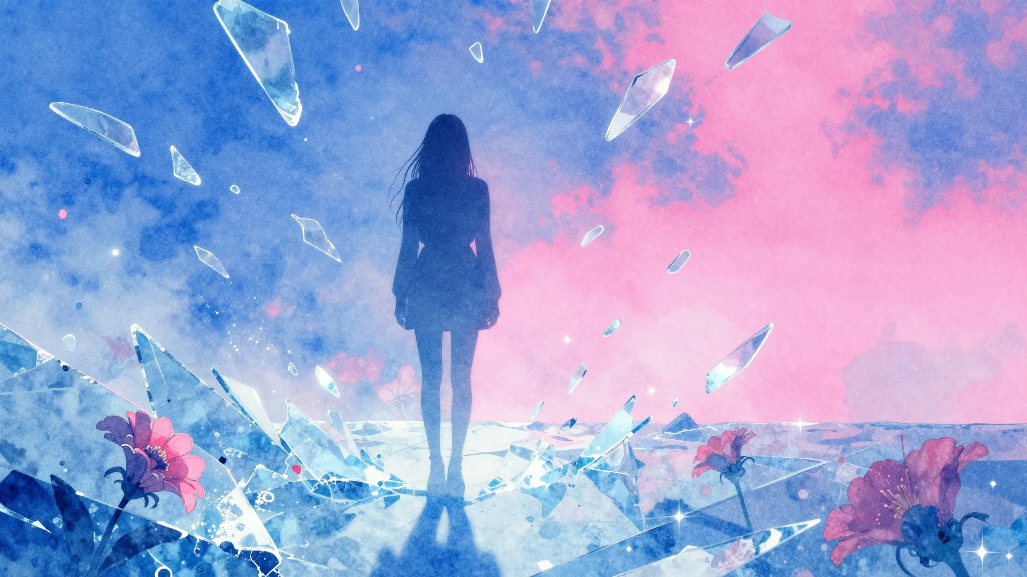 Vibrant watercolor style. K-pop album cover art, a lonely fe...