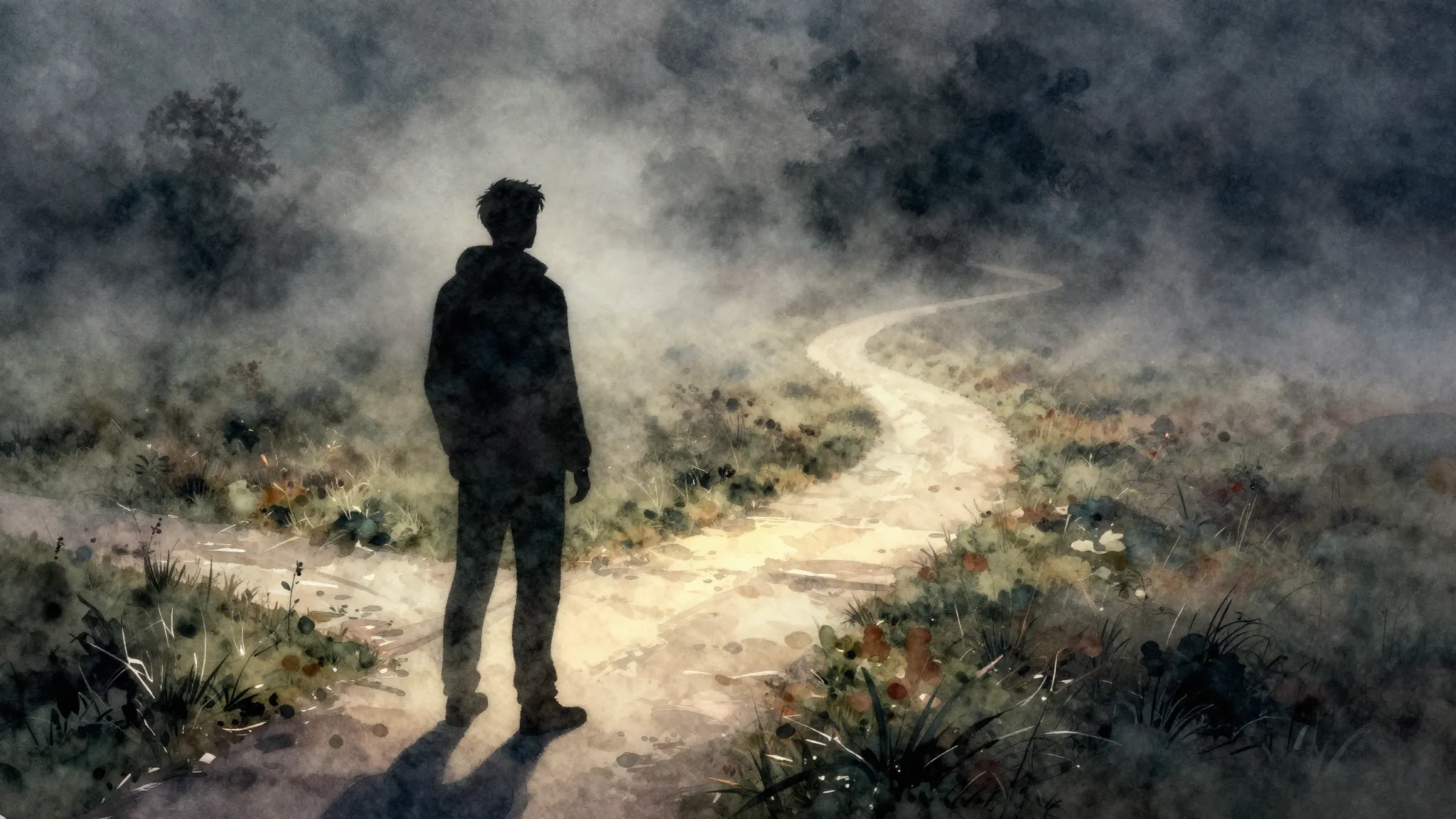 Watercolor style. A dark silhouette standing at a foggy cros...
