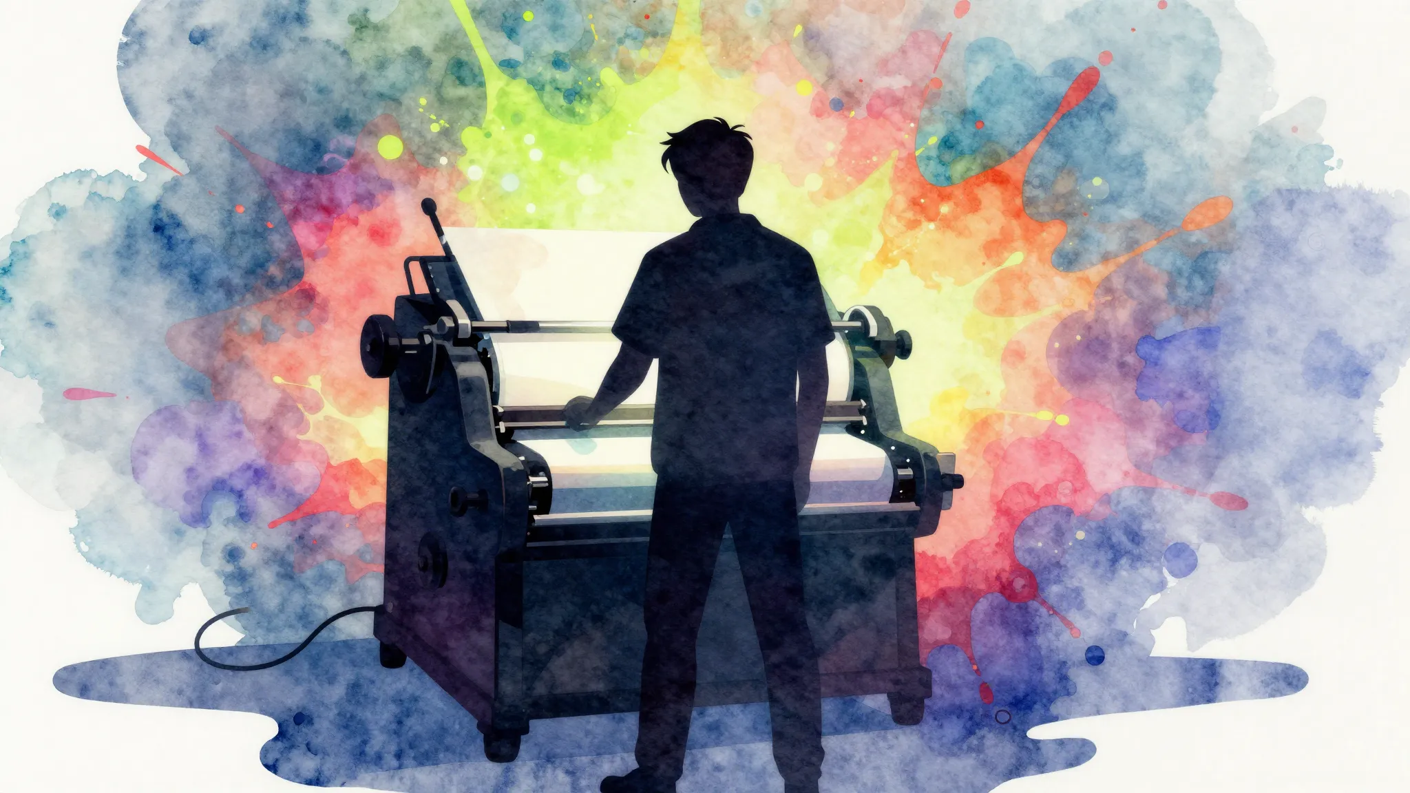 Watercolor style. A dark silhouette of a person standing in ...