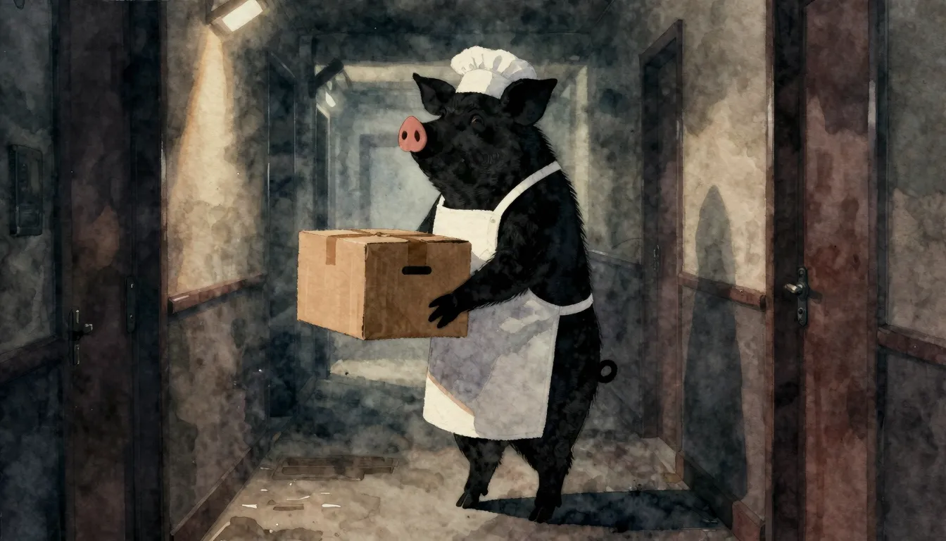 Watercolor style. A surreal scene in a dark hallway. A silho...