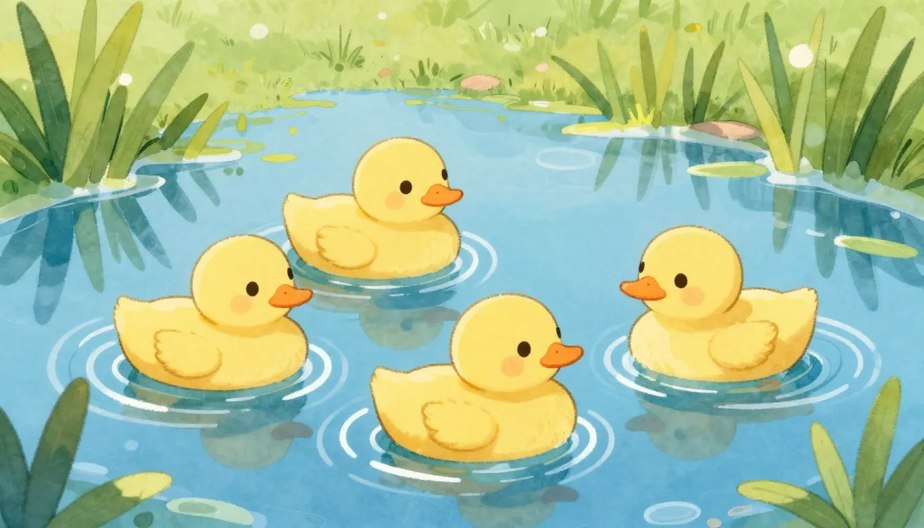 Watercolor style. Cute yellow ducklings swimming in a blue p...