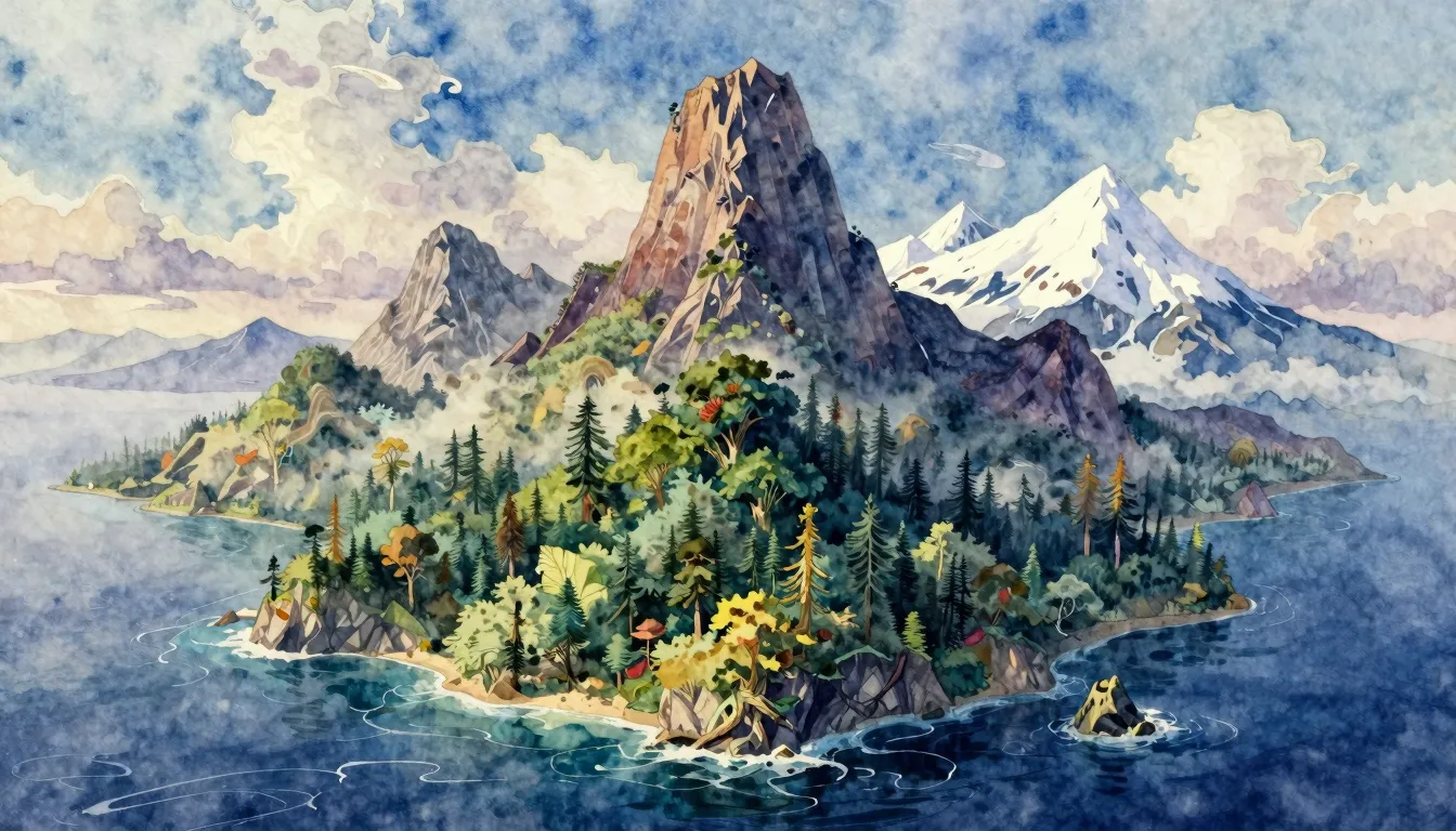 Vibrant watercolor style. A cinematic landscape of a mystica...