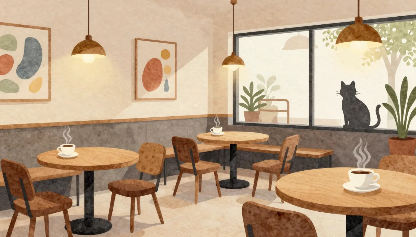 Watercolor style. Cozy modern cafe interior, warm lighting, ...