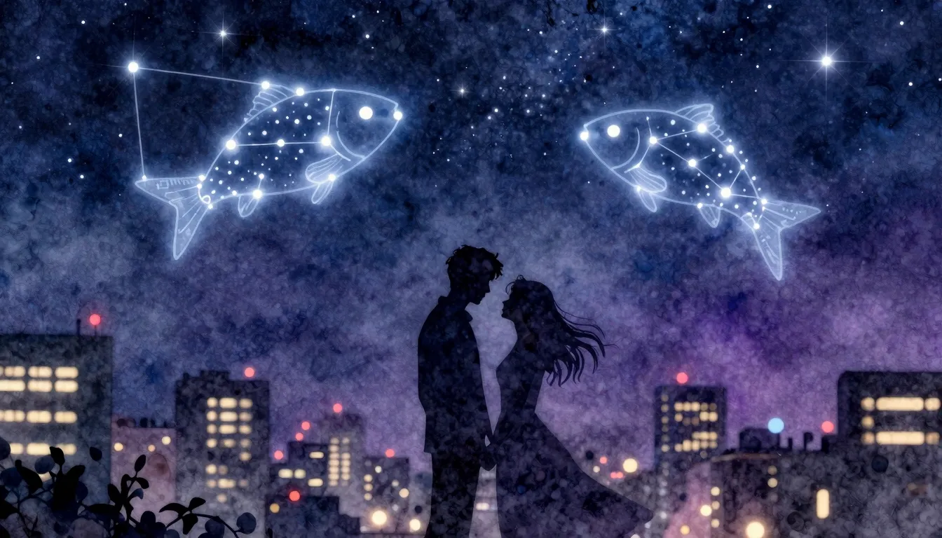 Watercolor style. Silhouette of a couple under a starry nigh...