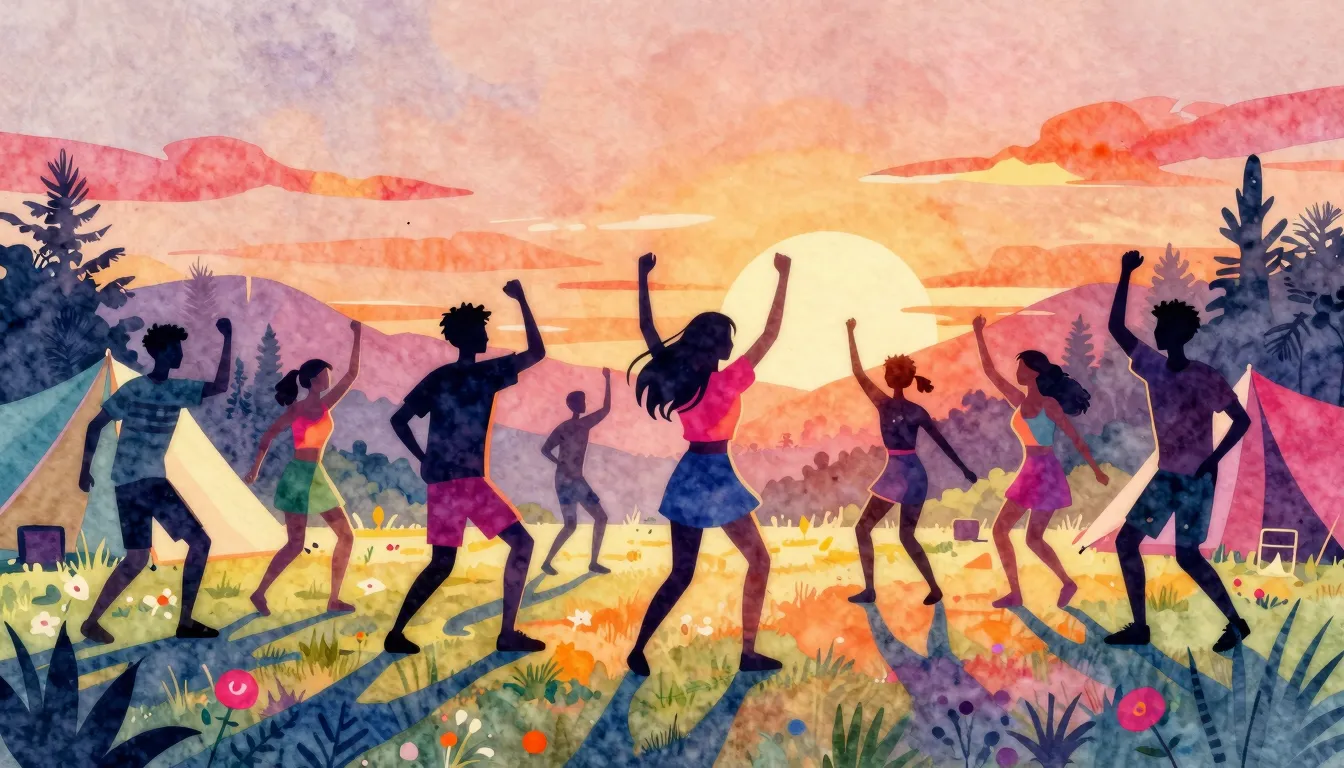Vibrant watercolor style. A vibrant summer camp scene at sun...