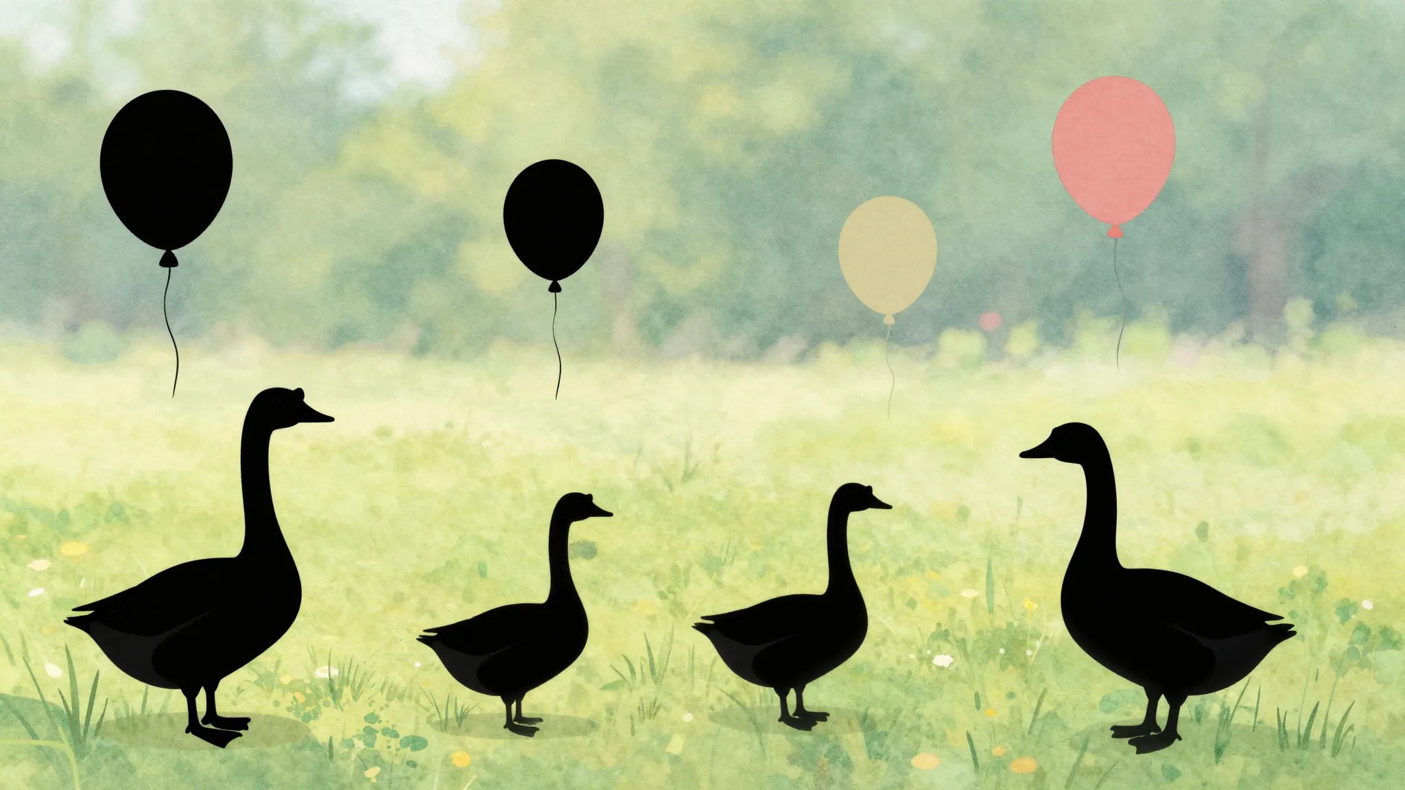 Watercolor style. Silhouettes of geese on a sunny meadow, fe...
