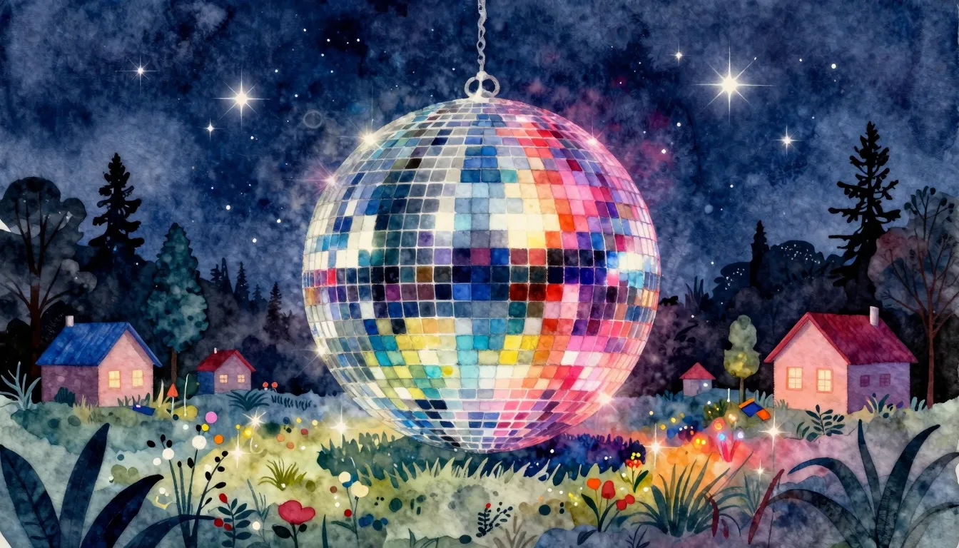 Watercolor style. Vibrant disco ball shining over a rural la...