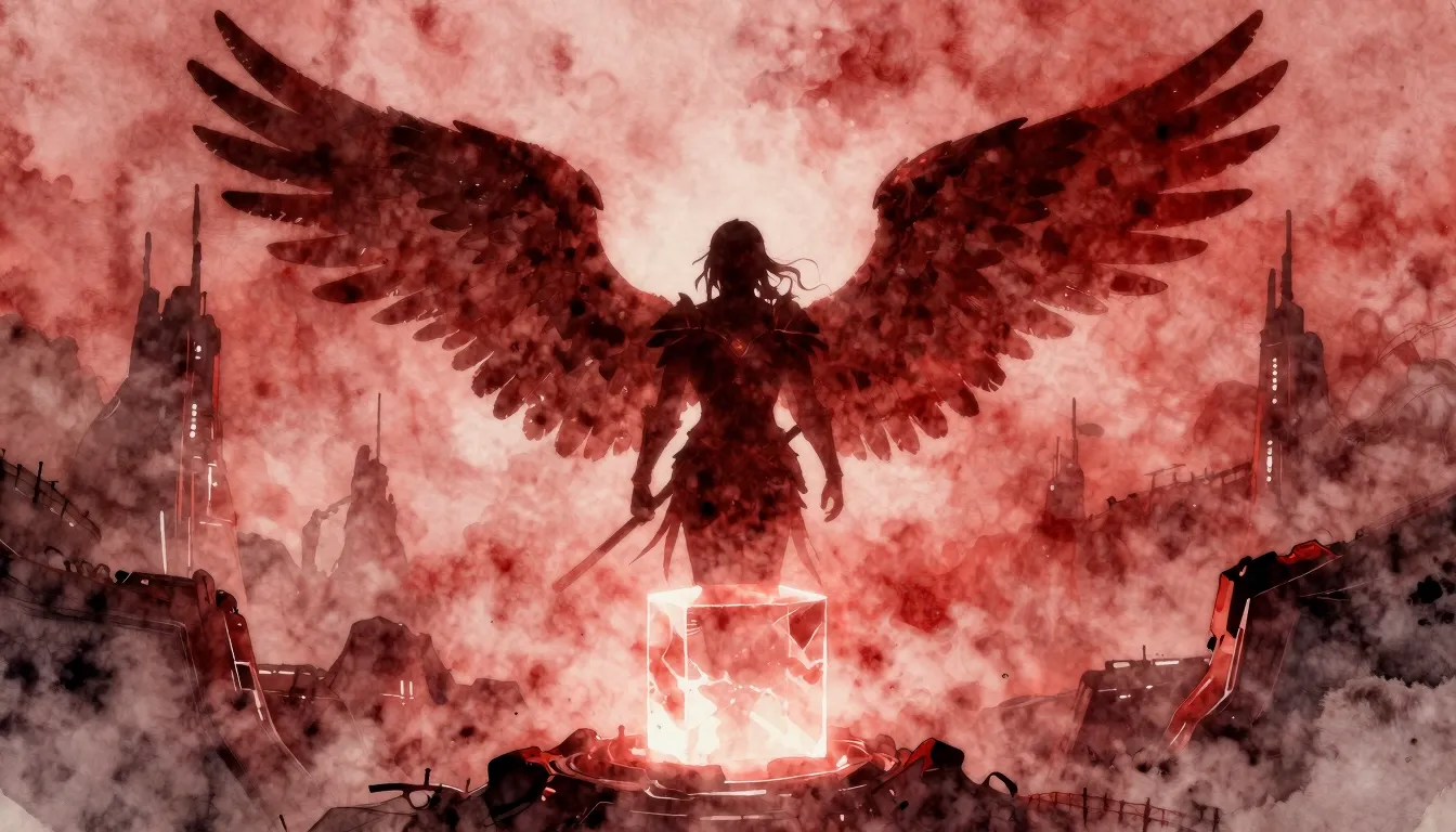 Watercolor style. Silhouette of a winged warrior in dark red...