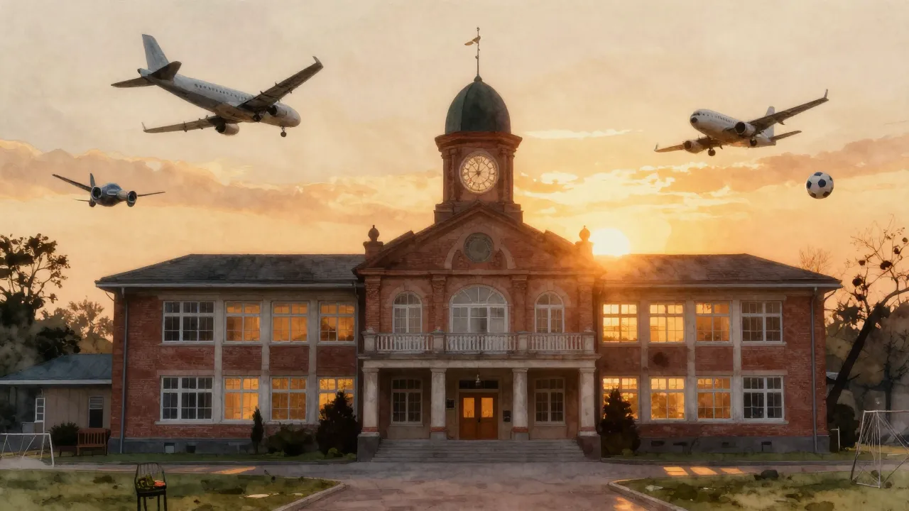 Watercolor style. A vintage school building silhouette at su...