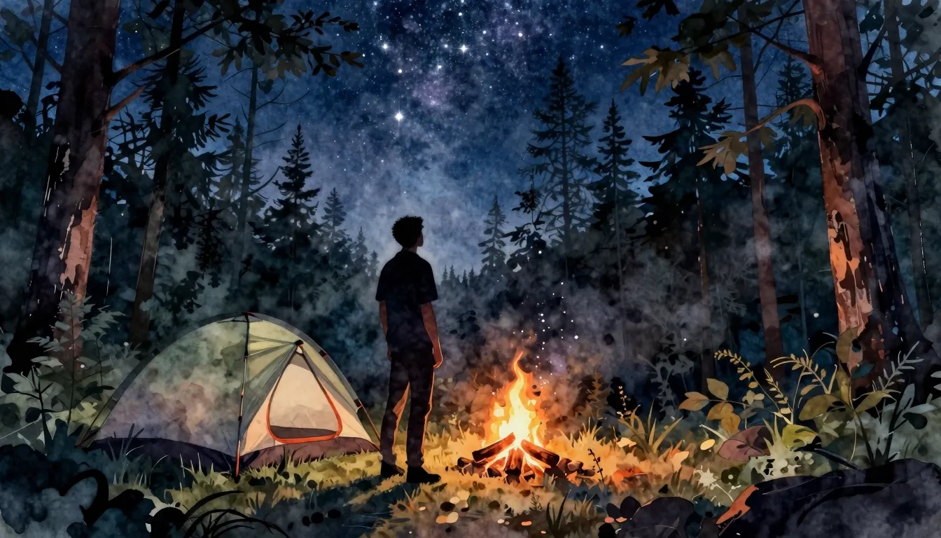 Watercolor style. Silhouette of a man standing near a campin...