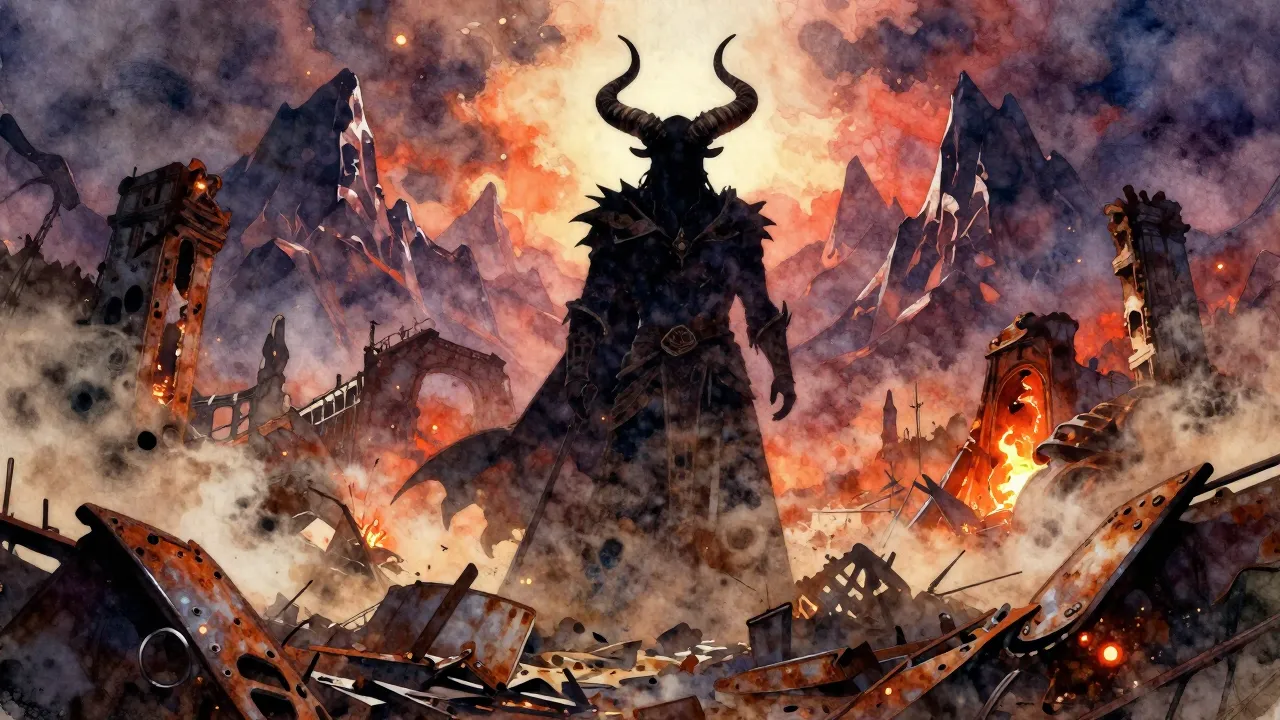 Vibrant watercolor style. Heavy metal album cover, dark fant...