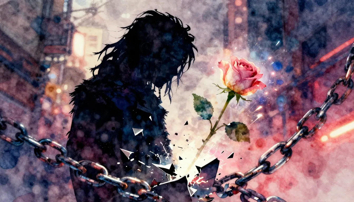 Vibrant watercolor style. Modern rap album cover, a dark sil...