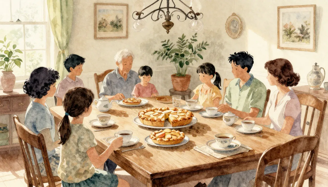 Watercolor style. Cozy living room, large table with apple p...