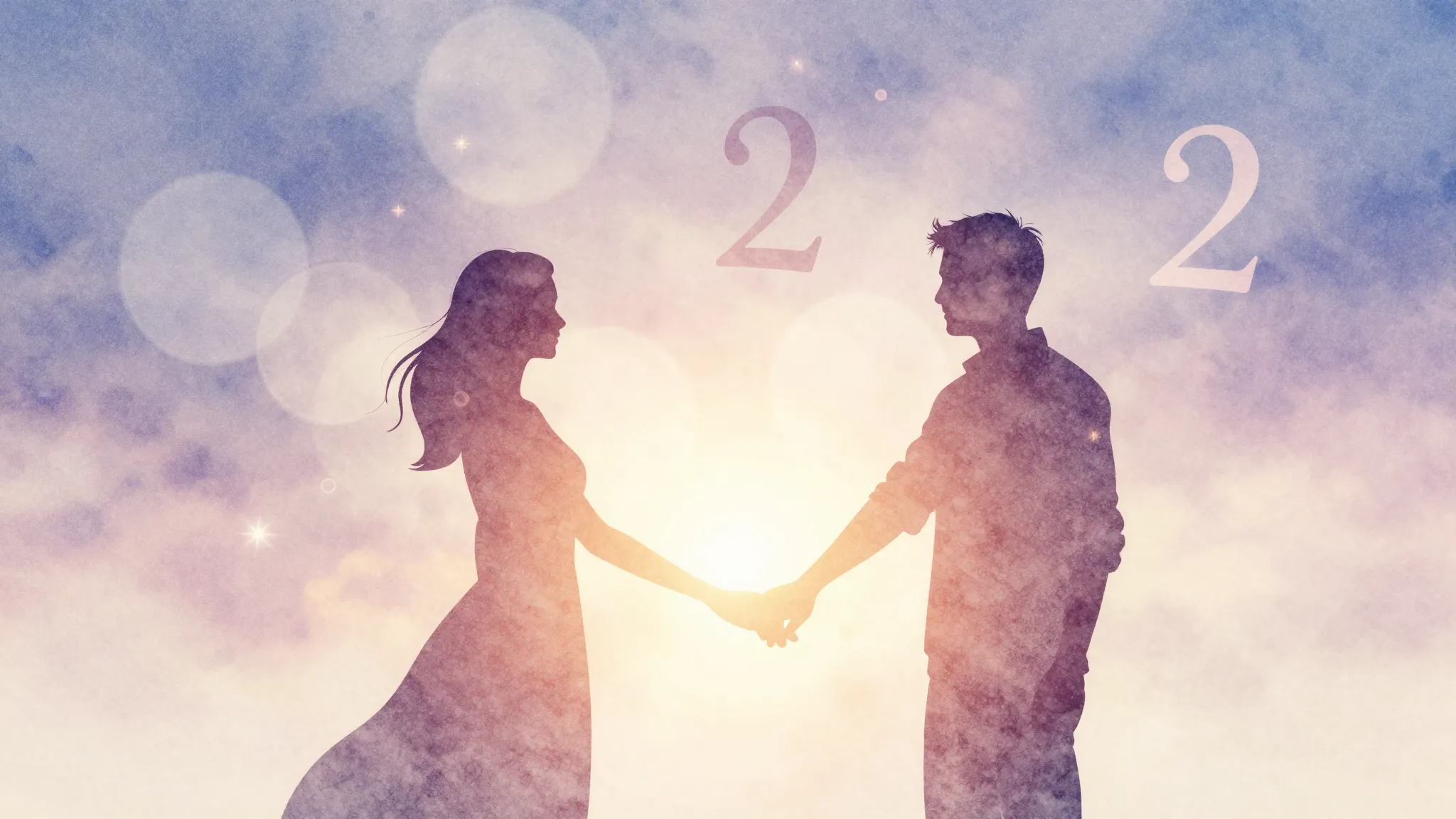 Watercolor style. Silhouette of a couple holding hands, glow...