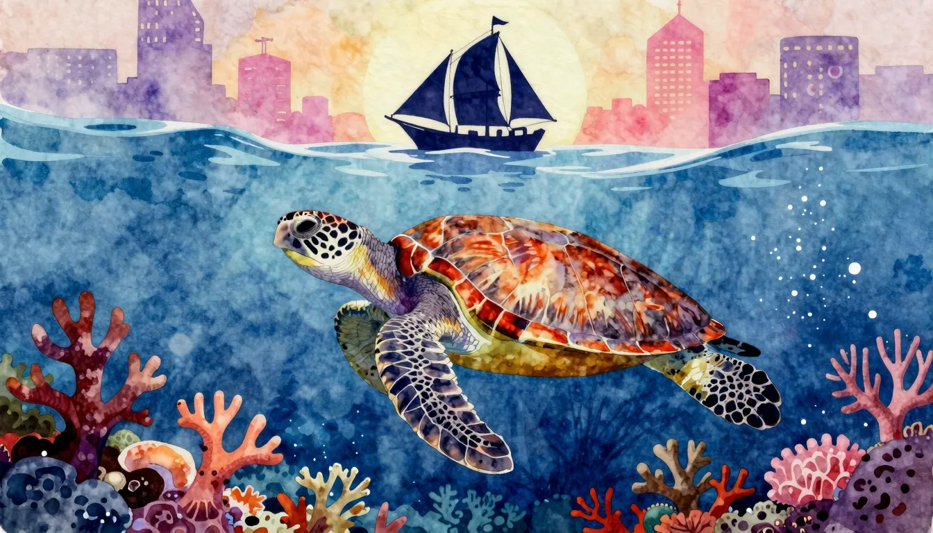 Watercolor style. Silhouette of a sea turtle swimming underw...