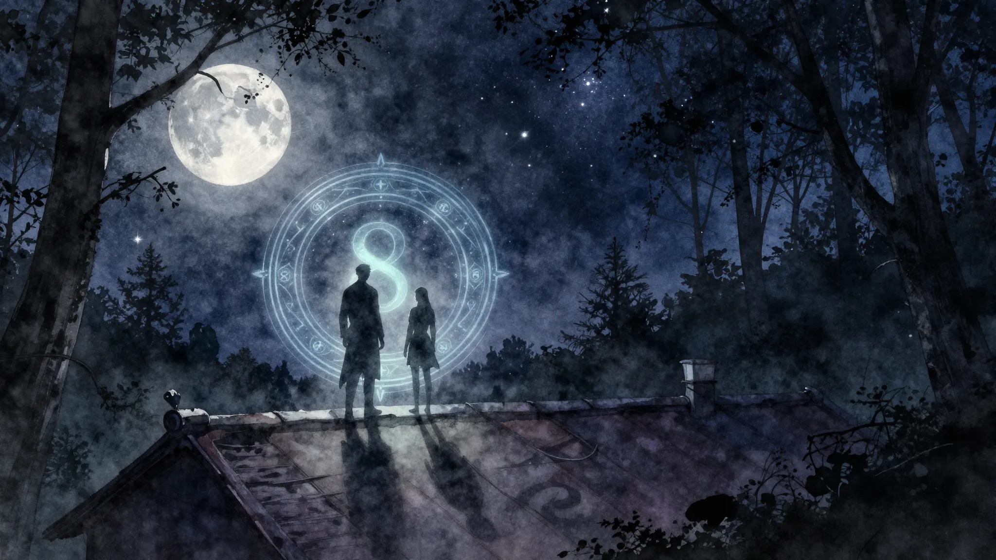 Watercolor style. Dark fantasy forest at night, 2 glowing si...