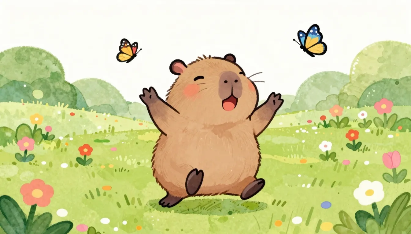 Watercolor style. A cute capybara dancing and laughing in a ...