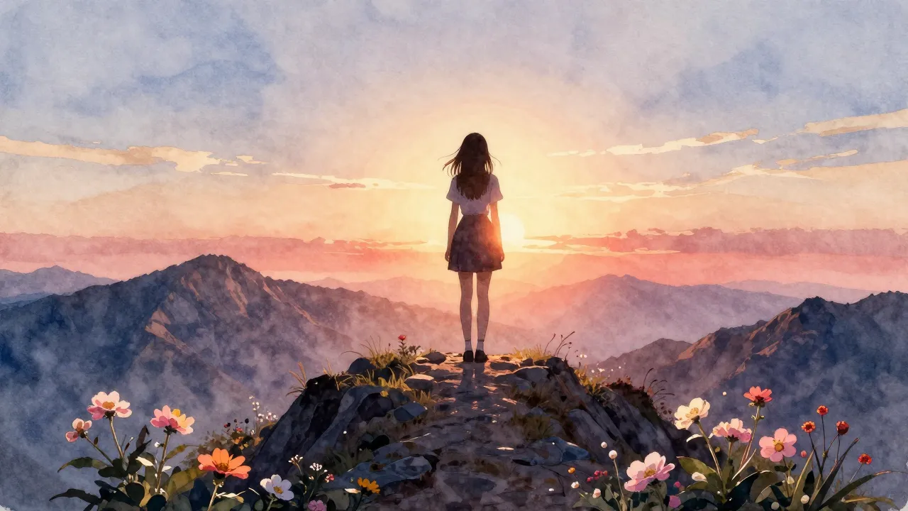 Watercolor style. Silhouette of a girl standing on a mountai...