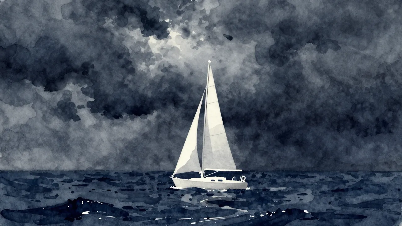 Vibrant watercolor style. A lonely white sail boat silhouett...