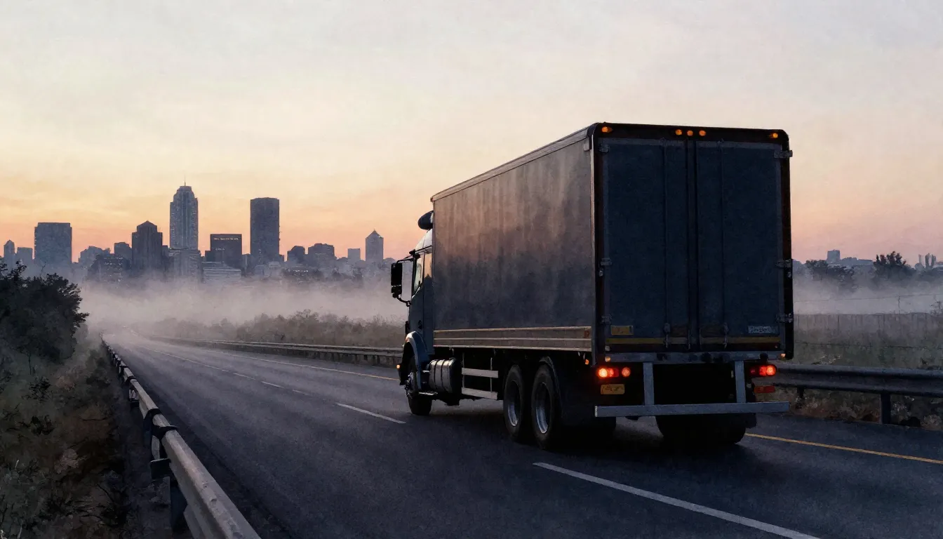 Watercolor style. A silhouette of a large truck driving on a...