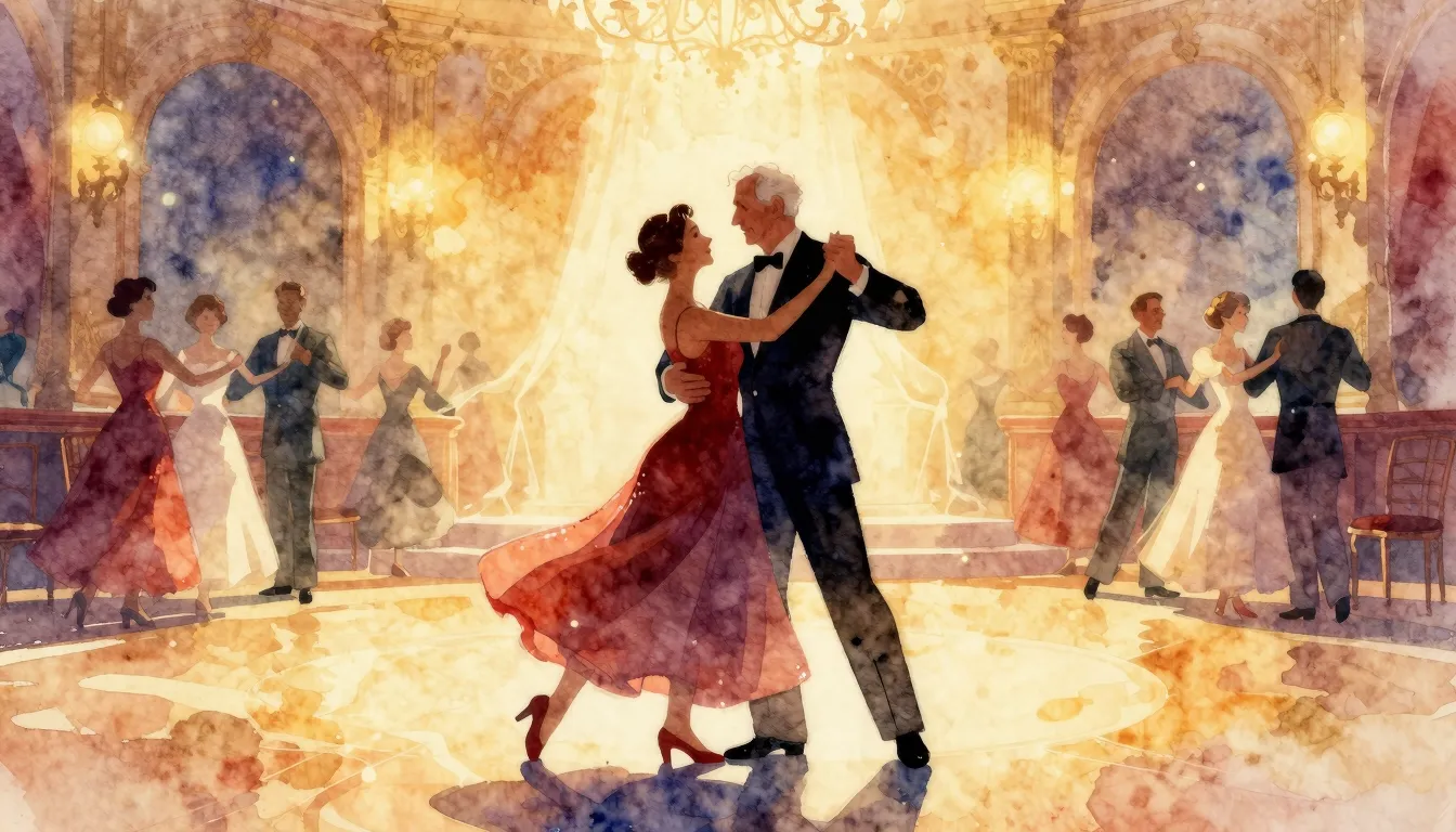 Vibrant watercolor style. A nostalgic ballroom scene with a ...