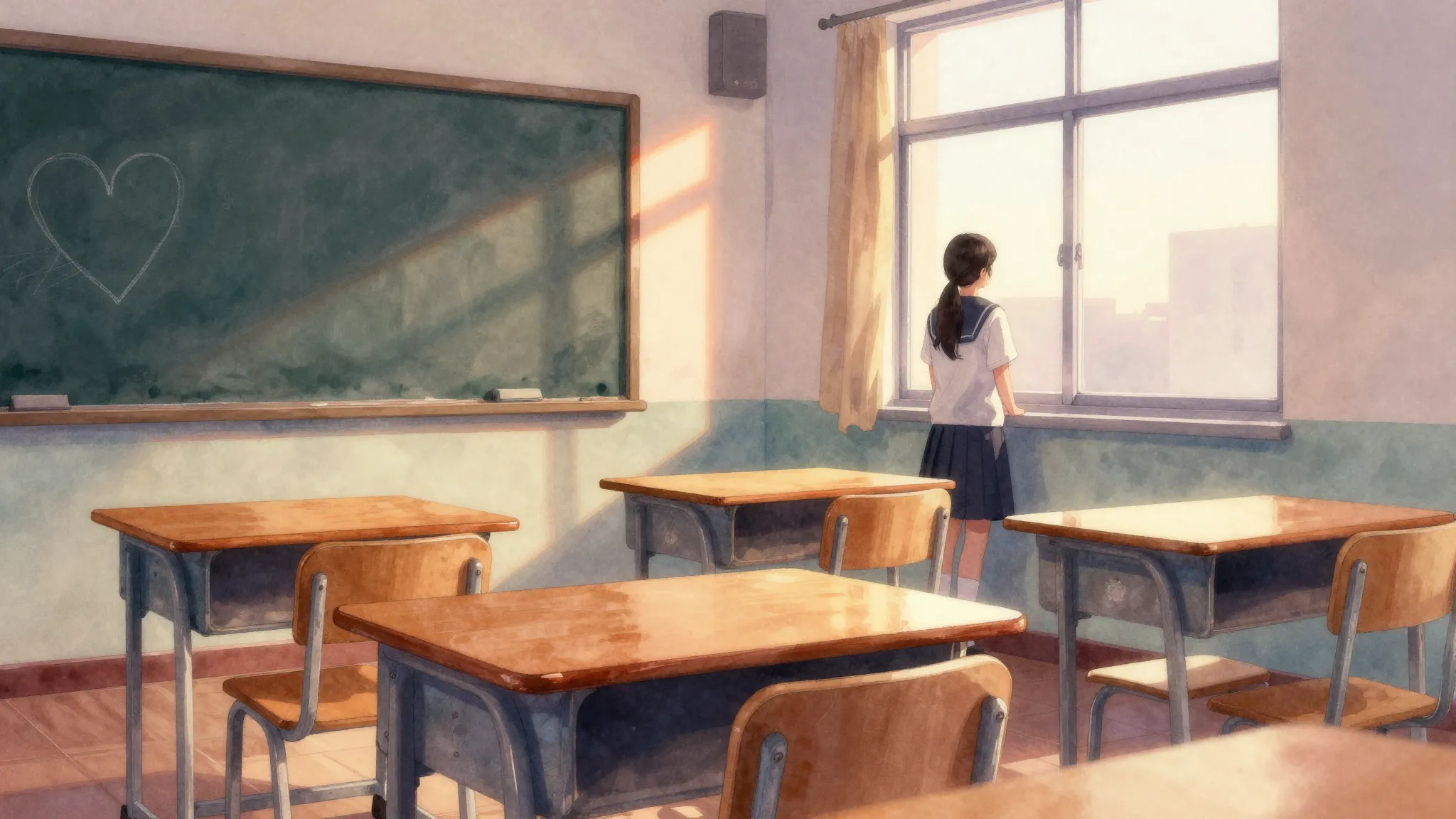 Vibrant watercolor style. A nostalgic school classroom at su...