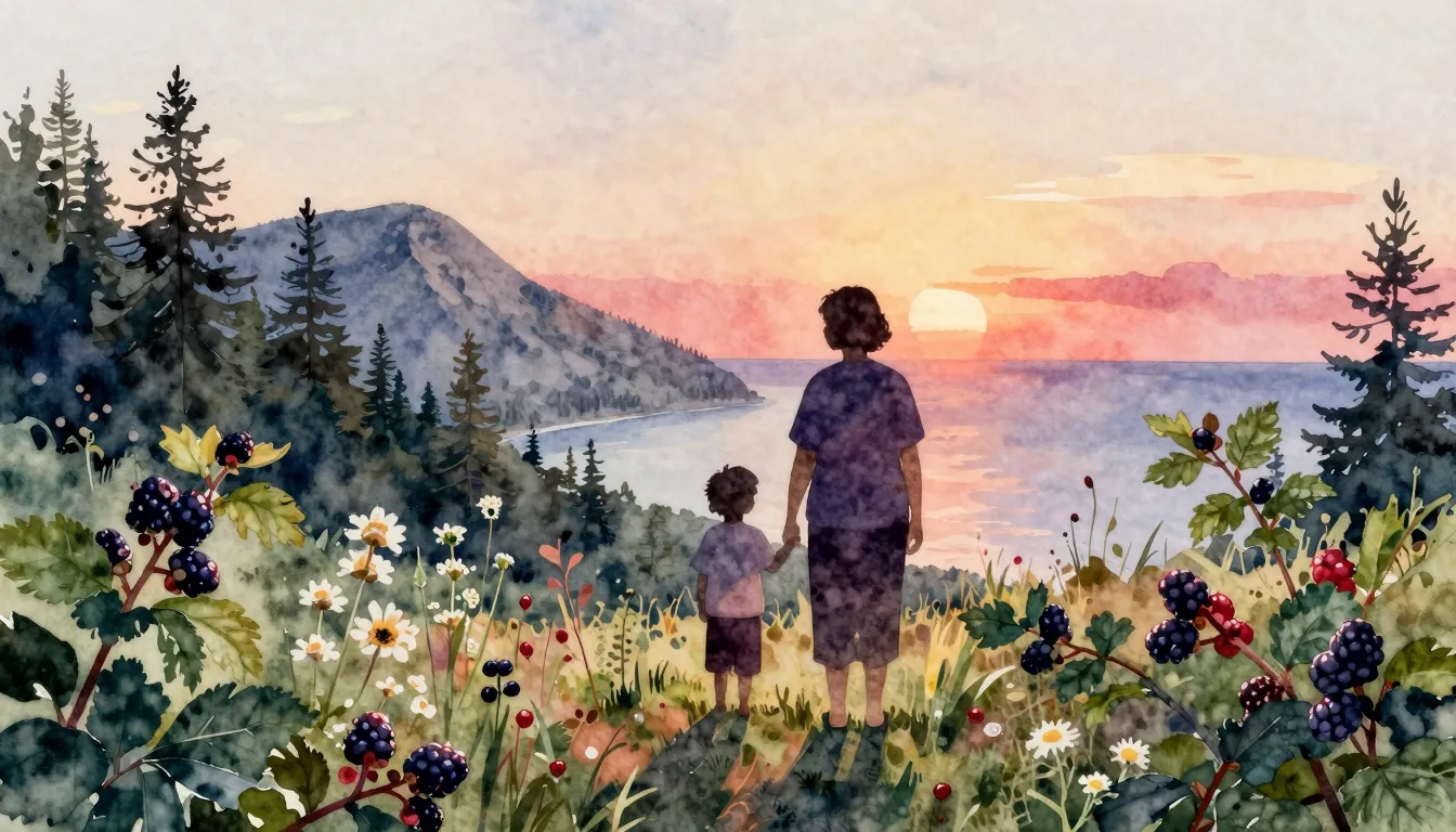Watercolor style. Silhouette of a grandmother and child in a...