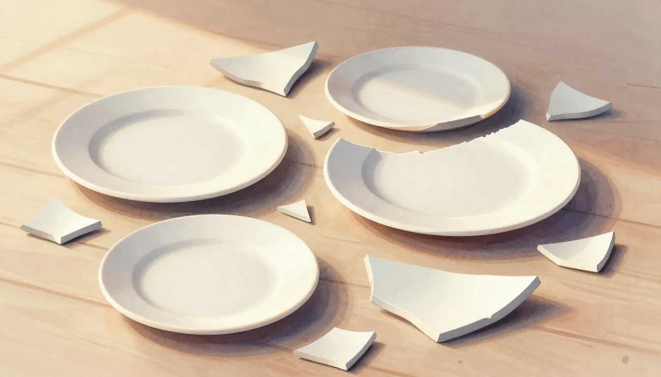 Watercolor style. Broken ceramic plates on a wooden floor, s...