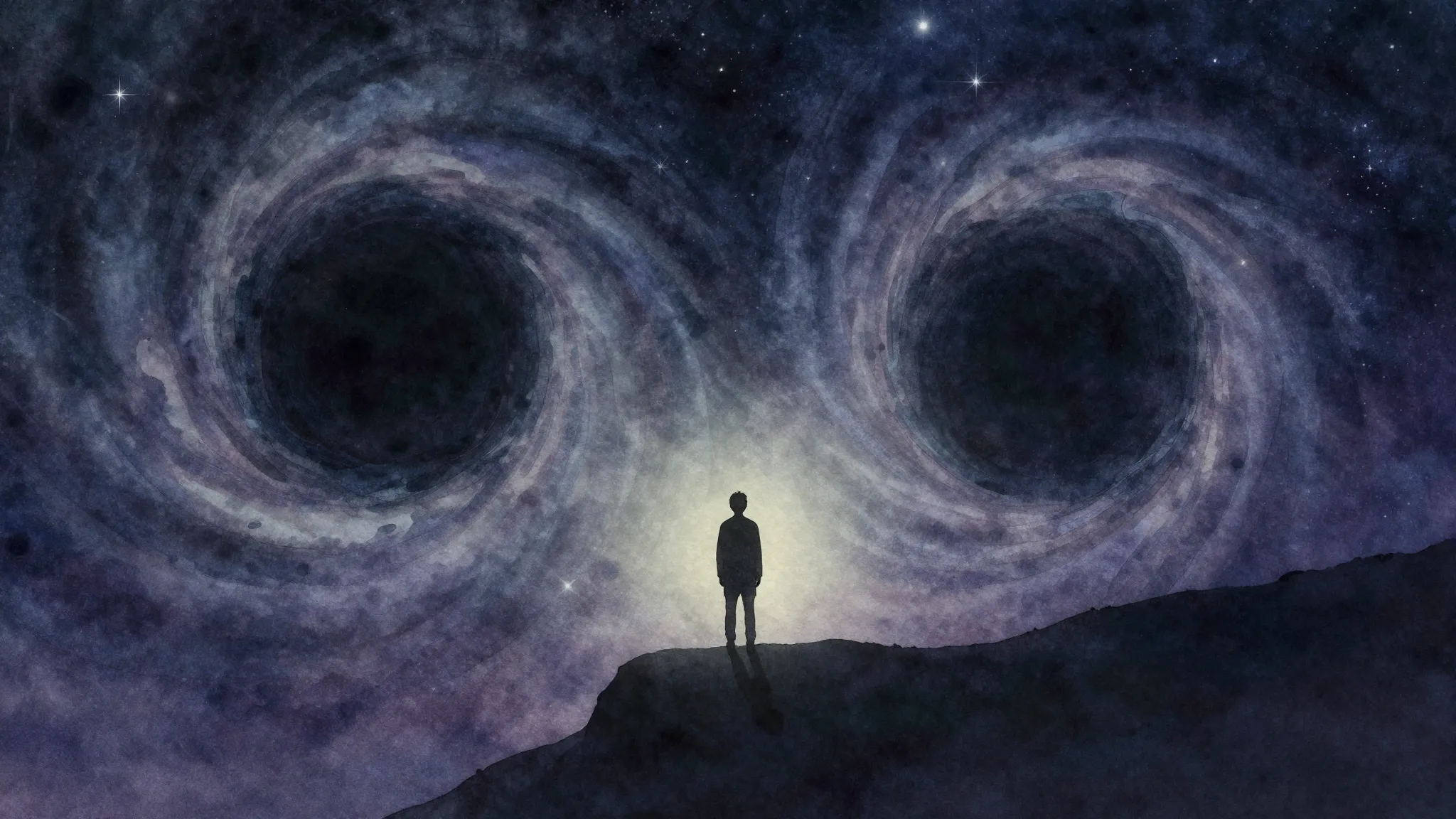 Vibrant watercolor style. A silhouette of a person standing ...