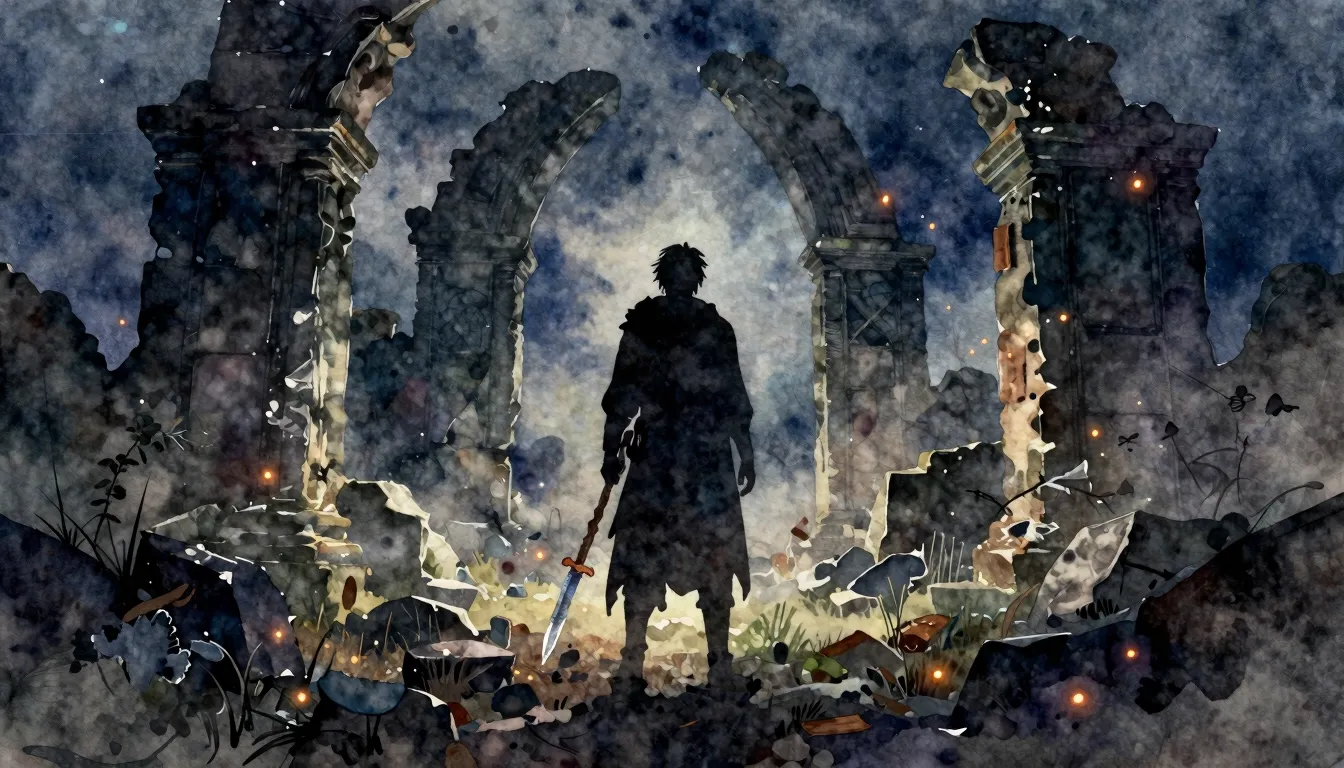 Vibrant watercolor style. A dark, atmospheric silhouette of ...