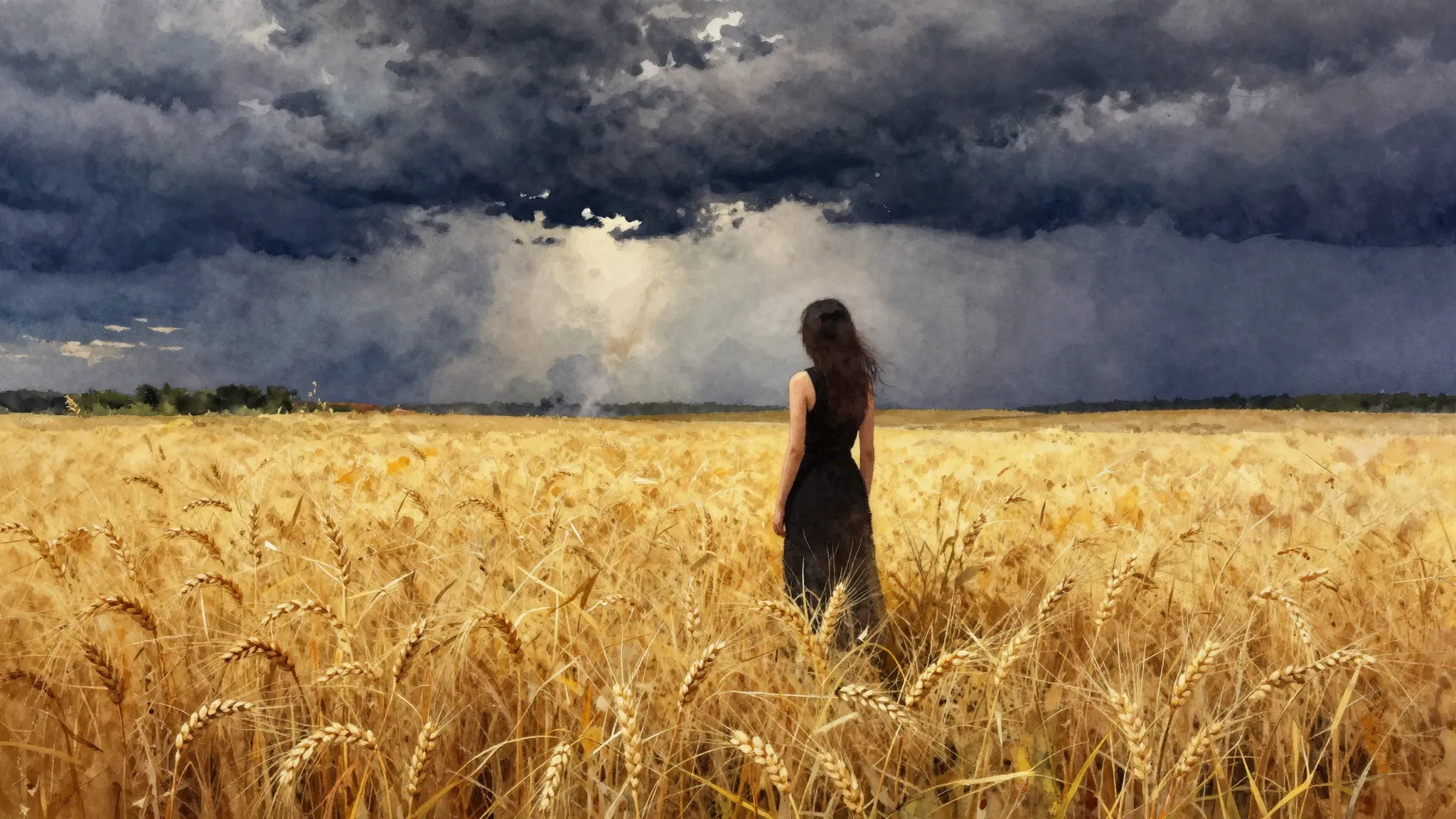 Vibrant watercolor style. A silhouette of a woman standing a...