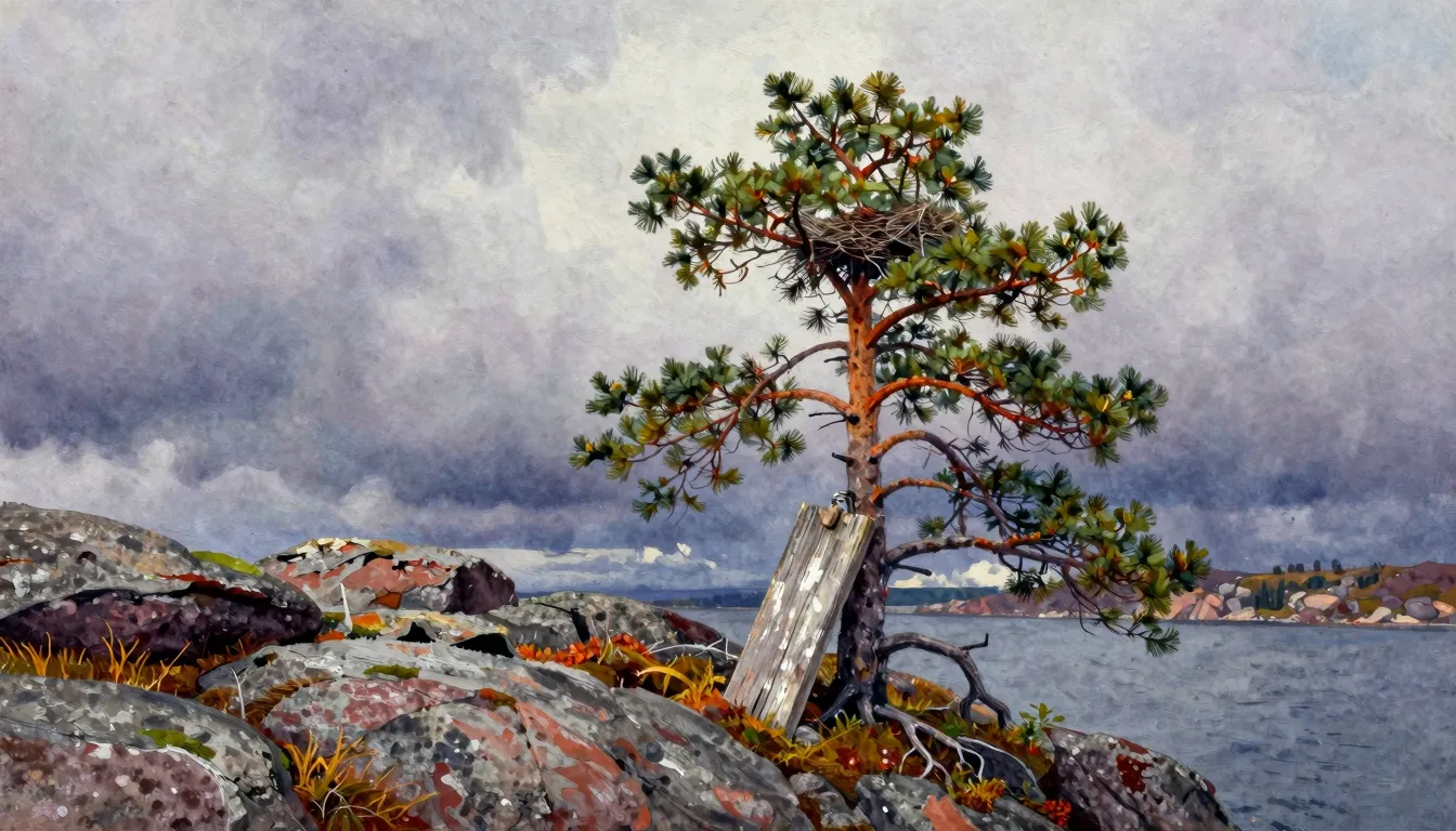 Vibrant watercolor style. A lonely pine tree growing on a ro...