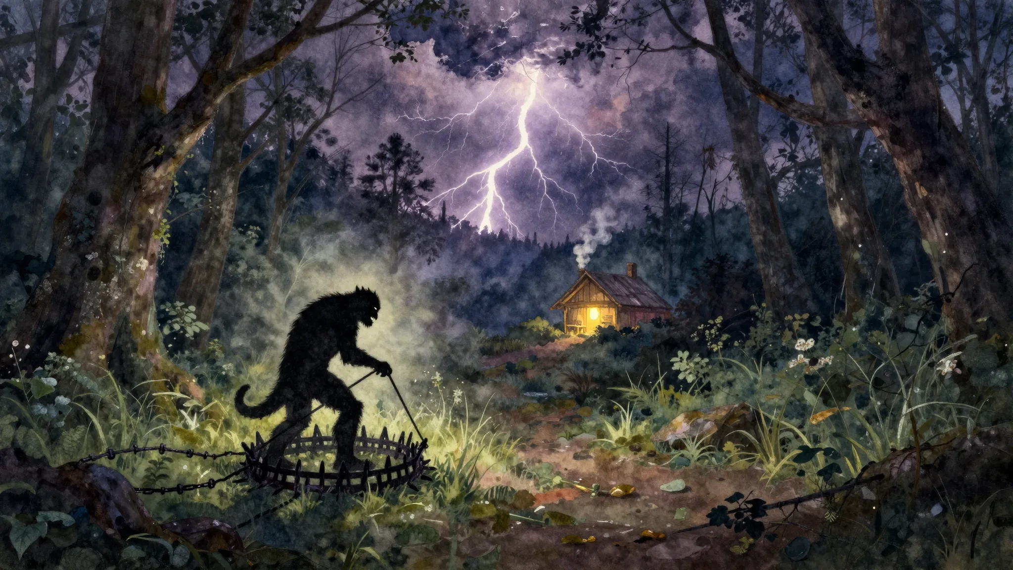 Vibrant watercolor style. Dark mystical forest, a silhouette...