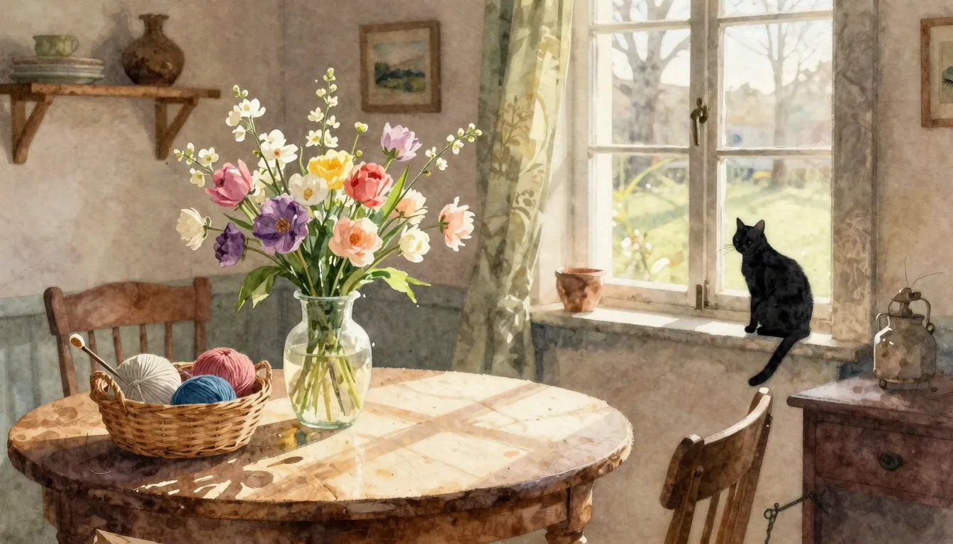 Watercolor style. Cozy country house interior, a table with ...