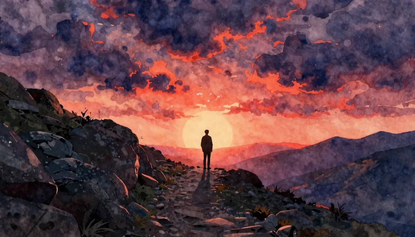 Vibrant watercolor style. A lone silhouette standing on a ru...