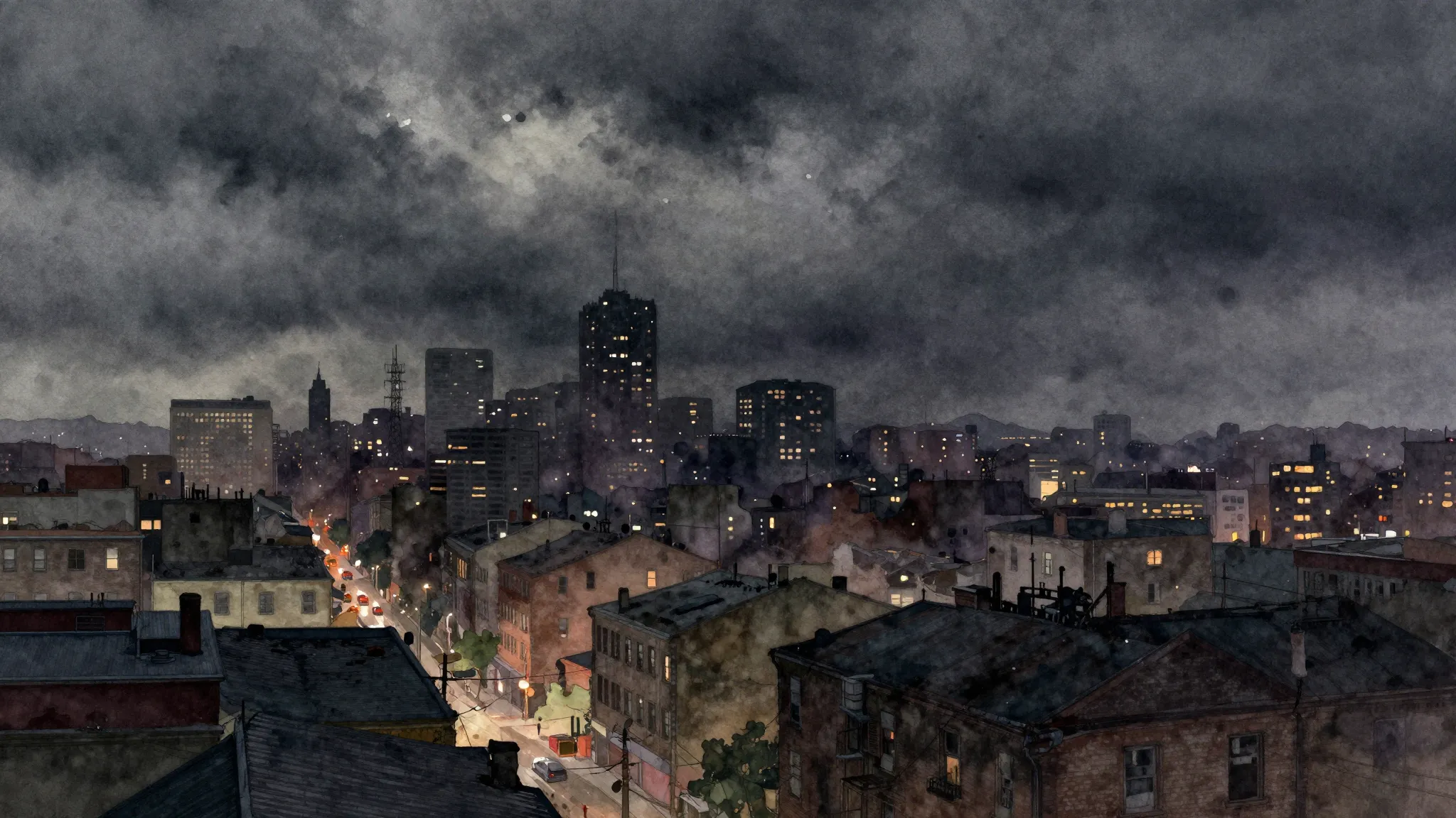 Vibrant watercolor style. A dark, gritty, urban landscape un...