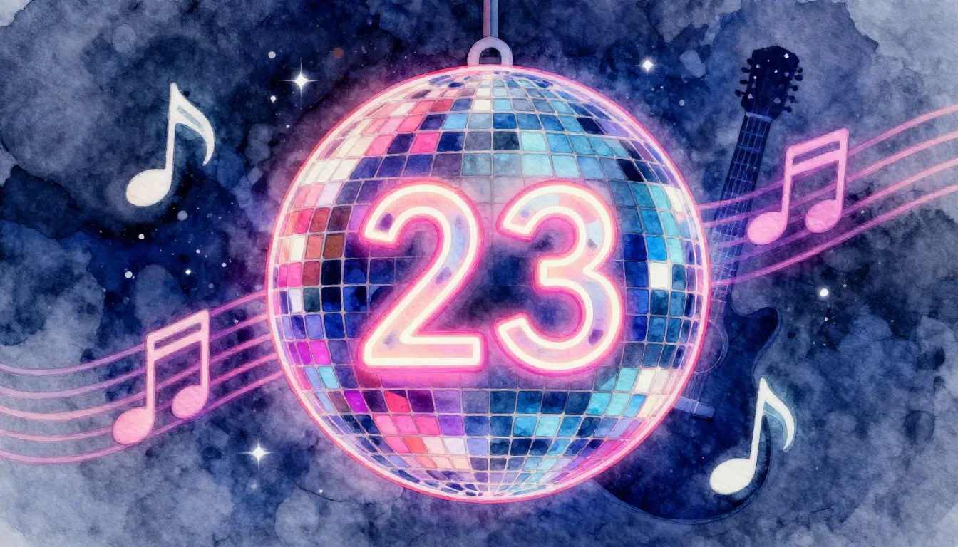 Watercolor style. Neon disco ball, silhouette of a guitar, n...