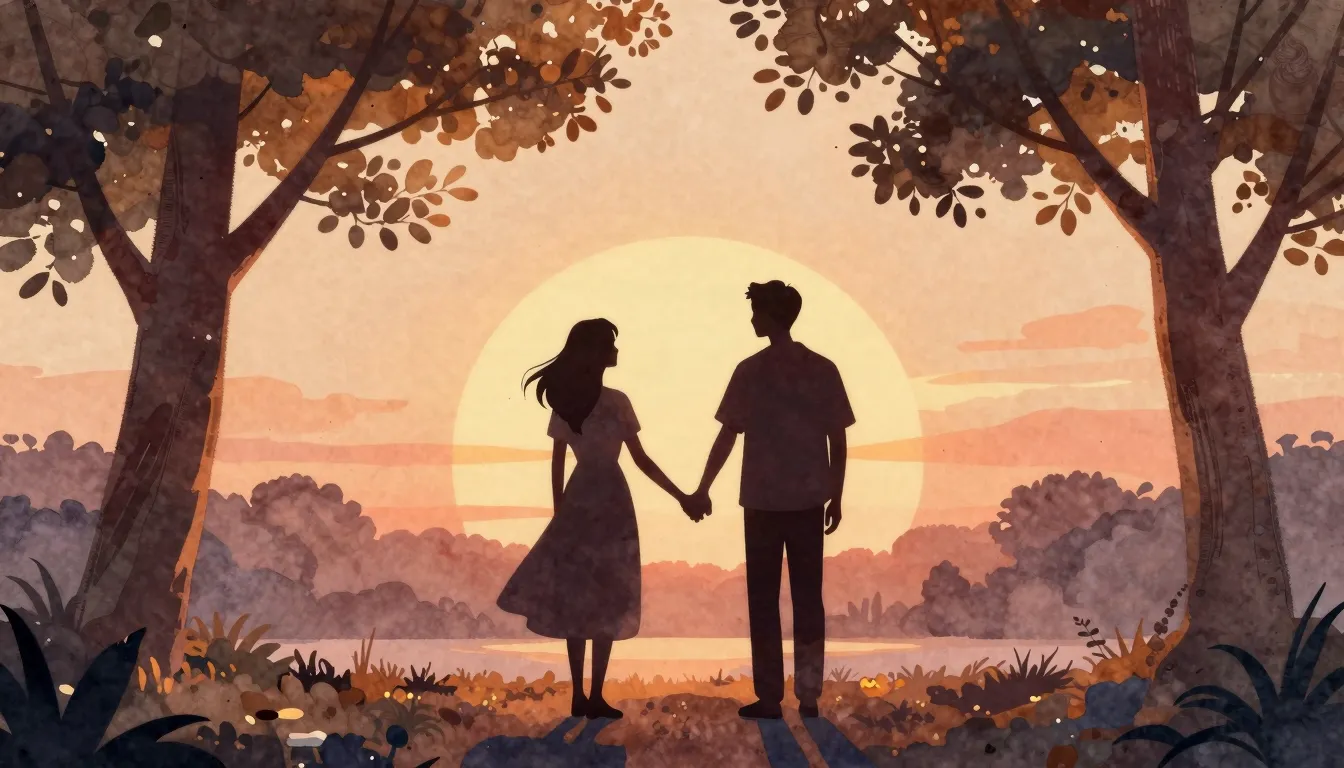 Watercolor style. Silhouette of a couple holding hands in a ...