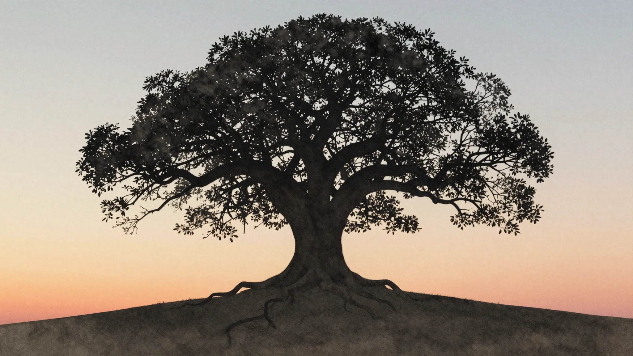 Watercolor style. A silhouette of a large, ancient tree with...