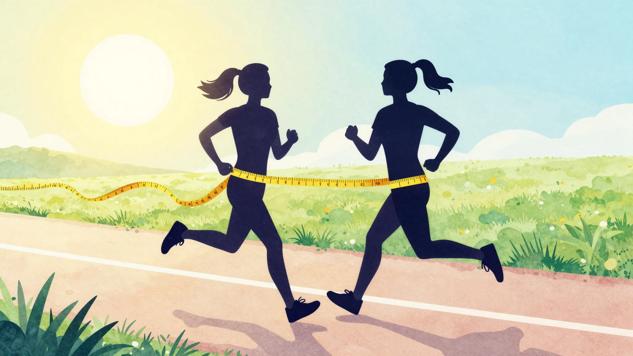 Watercolor style. Two female silhouettes running on a bright...