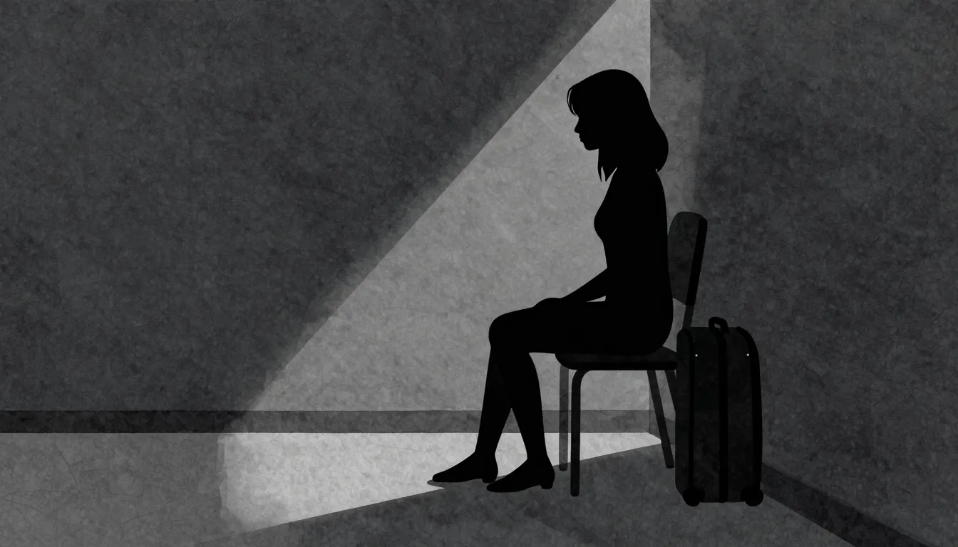 Watercolor style. Silhouette of a lonely woman sitting in an...