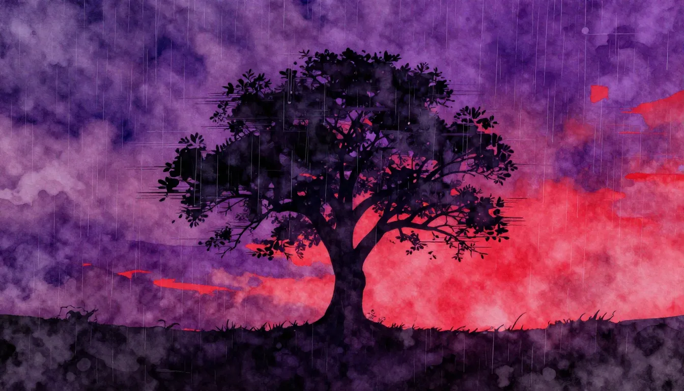 Watercolor style. Dark silhouette of a lonely tree against a...