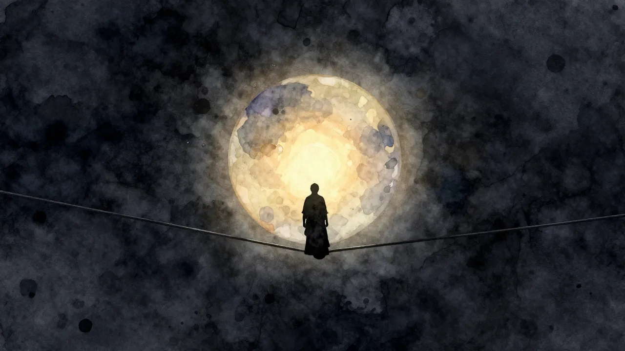 Watercolor style. Silhouette of a glowing orb balancing on a...