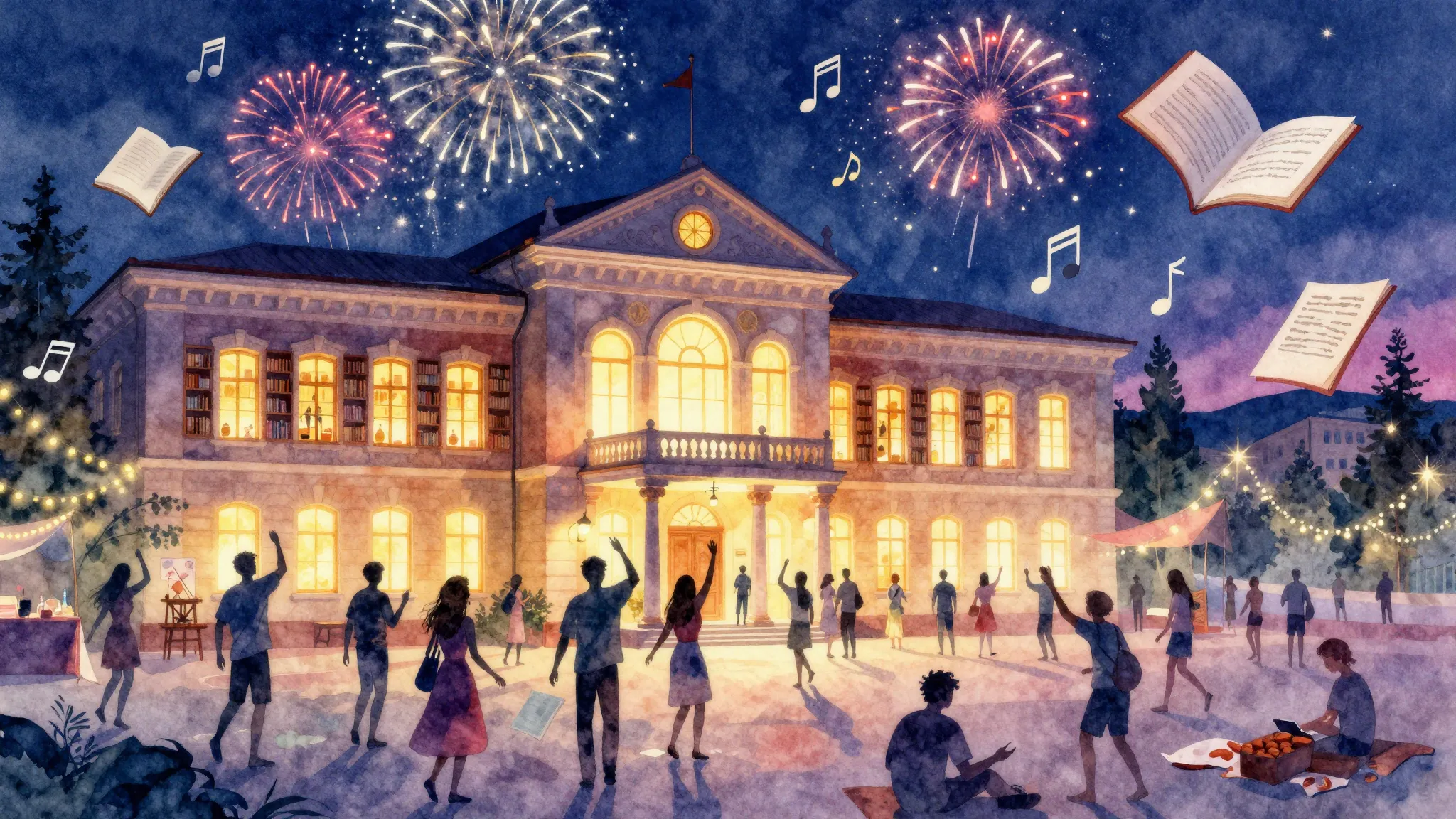 Vibrant watercolor style. Vibrant night library festival, gl...