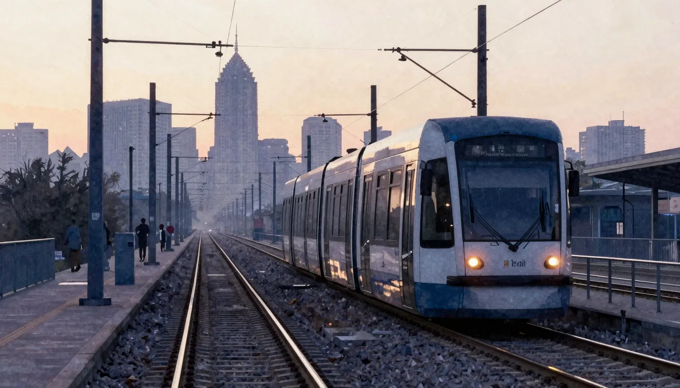 Watercolor style. A silhouette of a tram leaving a depot at ...