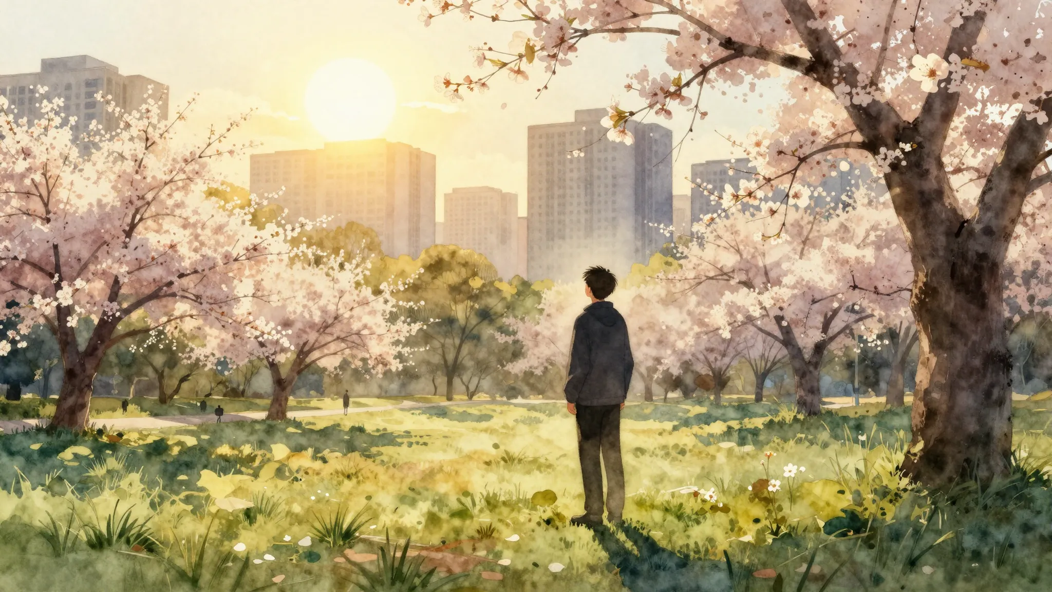 Watercolor style. Silhouette of a person standing in a bloom...